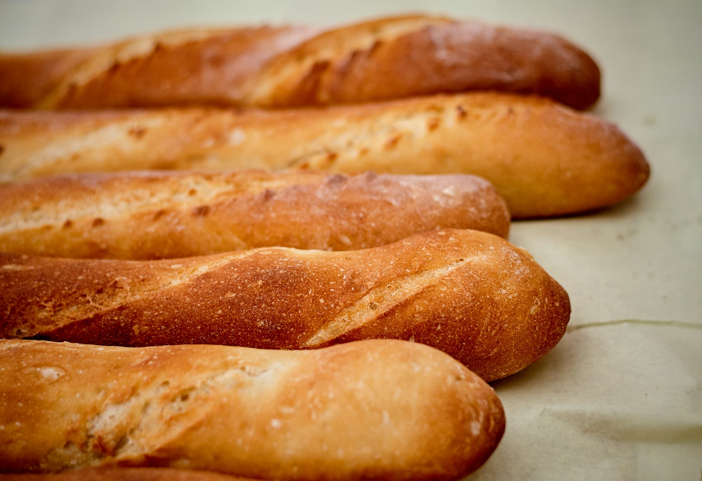 Row of golden French baguettes on parchment paper